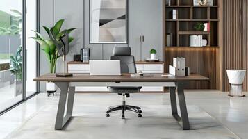 Contemporary office desk setup with room photo