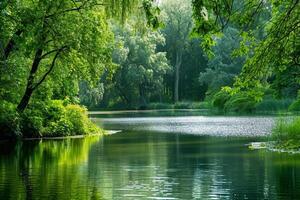 Tranquil scene of a peaceful lake surrounded by lush greenery, offering a moment of serenity photo