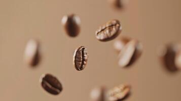 Minimalistic shot of floating coffee beans in mid-air photo