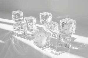 Crystal-clear ice cubes on a soft transparent white backdrop, perfect for cool and refreshing concepts photo