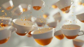 Dynamic arrangement of levitating tea cups in an overlapping pattern photo