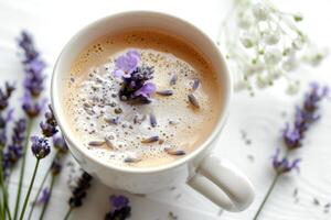 A cup of coffee with lavender flowers on top photo
