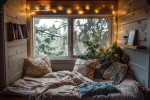 Cozy reading nook with soft blankets and cushions, providing a peaceful space for stress relief photo