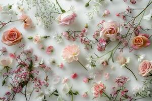 A white background with a variety of pink flowers scattered throughout. photo