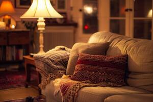 Cozy living room featuring a comfortable sofa and warm lighting photo