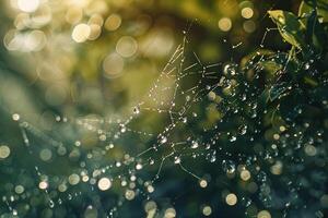 Sparkling water droplets caught in a spider's web in the early morning light photo