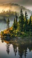 Majestic spruce forests cloaked in mist photo