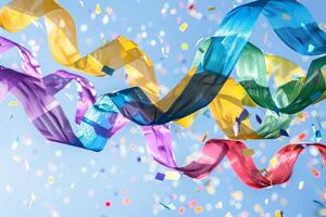Rainbow-colored streamers blowing in the wind against a clear backdrop photo