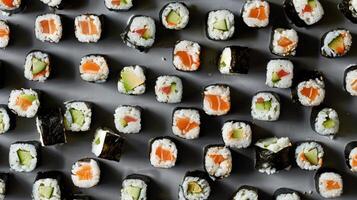 Patterned arrangement of spinning sushi rolls in a grid layout photo