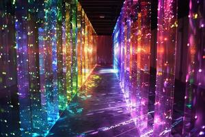 Rainbow-colored LED lights illuminating transparently a dark room with colorful glow photo