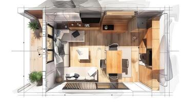 Interior design layout offering creative solutions for small living spaces photo