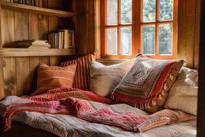 Cozy reading nook with soft blankets and cushions, providing a peaceful space for stress relief photo