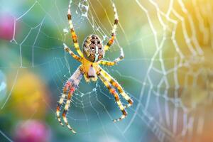 Close up of a delicate spider weaving its web in a garden, highlighting the intricacies of biodiversity photo