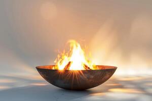 A fire is burning in a large metal bowl. The bowl is surrounded by a white background photo
