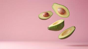 Chic and stylish composition with levitating avocado halves in copy space photo