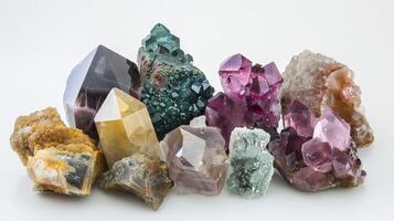 Ethereal gemstone clusters creating a sense of magic and wonder against white photo