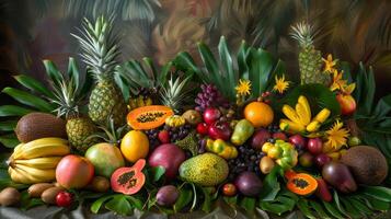 A colorful fruit display with a variety of fruits including bananas, apples, oranges, and pears photo