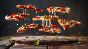 Levitating slices of pizza creating an enticing visual photo