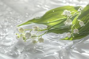 A white flower with green leaves is floating in a pool of water photo