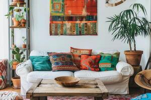 Bohemian-inspired eclectic decor against a soft transparent white surface, adding artistic flair photo