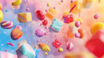 Artistic poster featuring levitating candy pieces with artistic brushstrokes photo