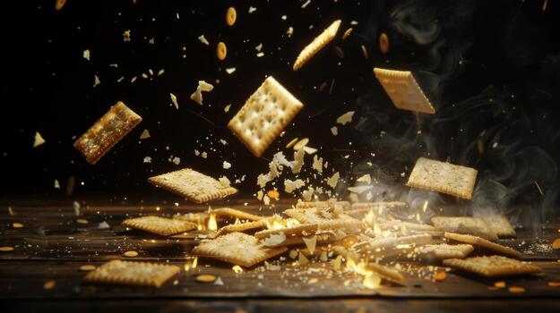 Captivating silhouette of levitating pieces of cheese and crackers photo
