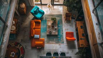 Drone view providing a captivating glimpse into interior decor arrangement photo