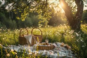 Romantic picnic for two in a sunlit meadow photo
