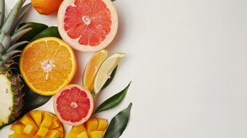 A close up of a variety of fruits including oranges, grapefruit, and pineapple. Concept of abundance and freshness, as well as the idea of a healthy and nutritious diet photo