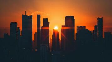 The sun is setting over a city skyline, casting a warm glow over the buildings. The city is bustling with activity, but the sun's rays create a peaceful and serene atmosphere photo