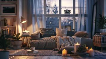 Inspirational poster design presenting cozy and comfortable interior decor setups for relaxed living photo