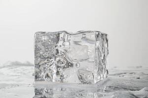 Crystal-clear ice block with trapped air bubbles on a soft transparent white backdrop, adding a touch of frozen fascination photo