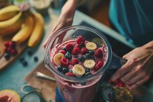 Woman blending a fruit smoothie with mixed berries, banana, and Greek yogurt, a nutritious and refreshing beverage photo