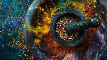 Colorful array of spices swirling in a mortar and pestle photo