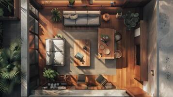 Top-down angle offering insight into the spatial organization of interior decor photo