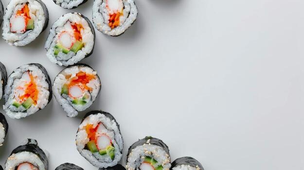 Spinning sushi rolls arranged neatly with space for text photo