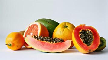 A variety of fruits including oranges, kiwis, and melons are displayed on a white background photo