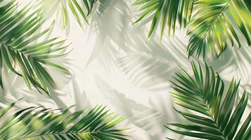 A leafy green palm tree with its leaves spread out in the sun. The leaves are casting a shadow on the ground photo