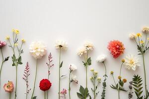 Elegant flower compositions against a clean white canvas, creating a serene ambiance photo