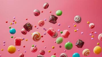 Contemporary poster design showcasing levitating candy pieces with sleek typography photo