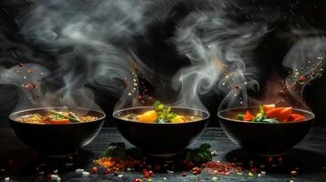 Bold silhouette of levitating bowls of steaming hot soup with garnishes photo