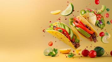 Dynamic composition with floating taco ingredients in a copy space photo