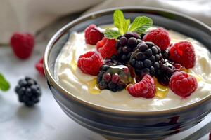 Bowl of Greek yogurt topped with honey and mixed berries, a nutritious snack photo