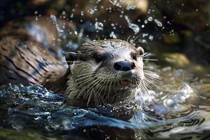 Refreshing splash of water from a playful otter in a tranquil stream photo
