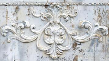 A white ornate design with a lot of detail. The design is old and has a rustic feel to it. Scene is one of nostalgia and history photo