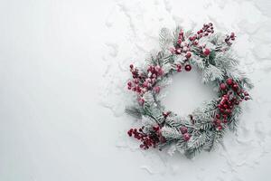 Joyful Christmas wreath on a soft transparent white surface, evoking holiday cheer photo