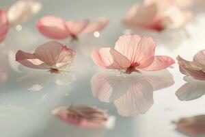 A close up of pink flowers floating in water. The flowers are scattered across the surface of the water, creating a serene and peaceful atmosphere photo
