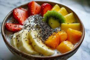 Bowl of overnight oats with chia seeds, almond milk, and sliced fruits, a convenient and nutritious breakfast option photo
