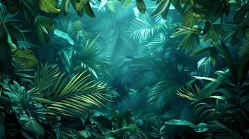 A lush green jungle with many leaves and plants. The image has a serene and peaceful mood, as it captures the beauty of nature and the tranquility of a dense forest photo