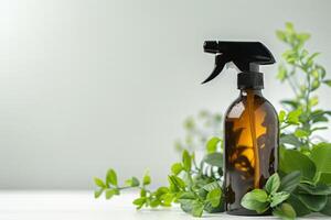 Garden insecticide spray bottle on a soft transparent white backdrop, evoking garden care photo